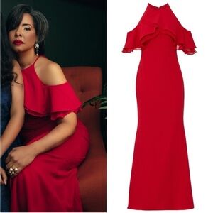 Badgley Mischka Crossover Red Gown Dress Sexy Cold Shoulder High Neck 22 Plus